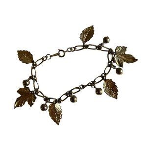 Gold Tone Leaf & Ball Charm Bracelet 7 Inches - Made In Korea